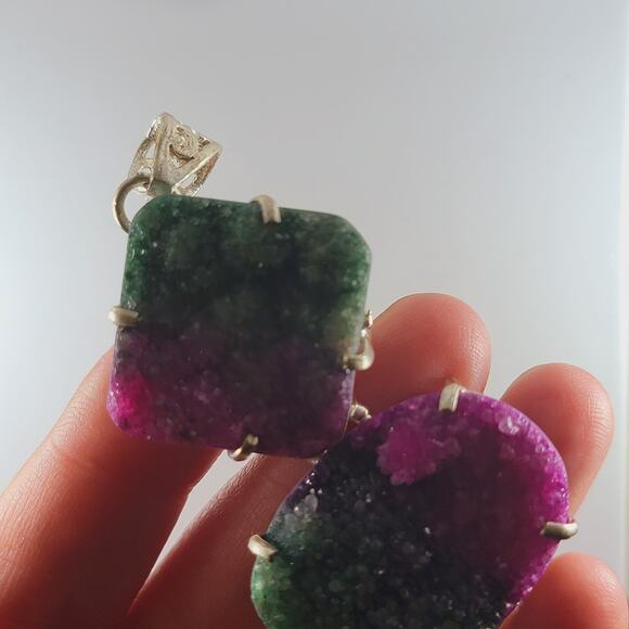 Sterling Silver Rainbow Drusy Pendant Raw Slice Gem Crystal Quartz 2.5" - Picture 8 of 10